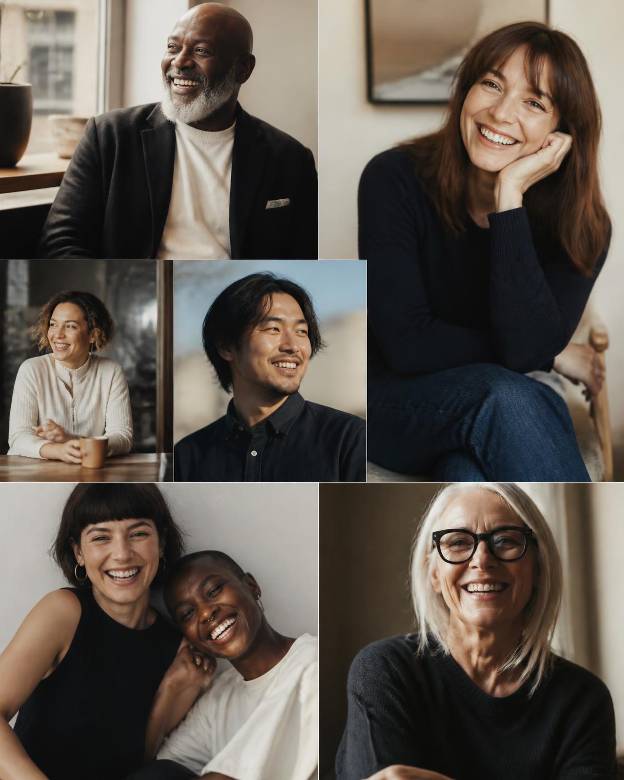 Adults of different ages and backgrounds smiling in natural light